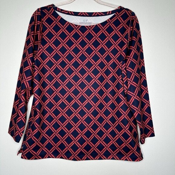 Vineyard Vines Sankaty Top Boatneck Deep Bay Geo Size L Navy Blue Red - Picture 1 of 10